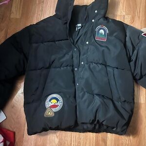Black Puffer Jacket with Patches